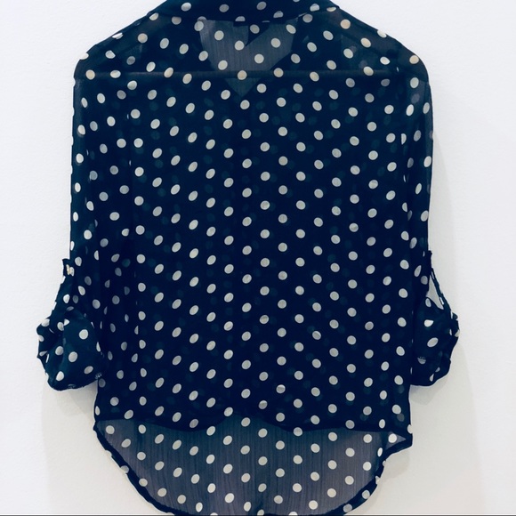 Like New Tie Front Hi Low Polka Dot Sheer Blouse - Blue & White Top in XS - Picture 6 of 8